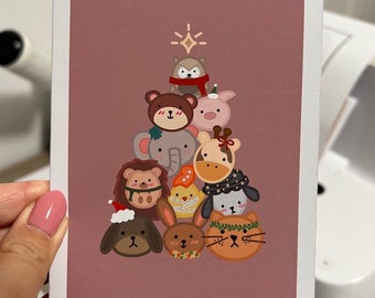 Animal Christmas Tree Card | Christmas, Holiday Card, Seasons Greetings, Reindeer, Meowmas, Celebration, Merry Christmas, Presents, Gifts