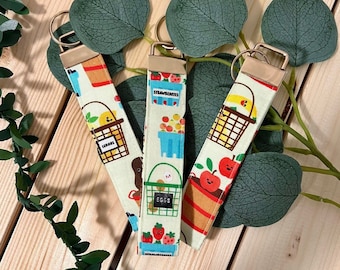 Cute Grocery Print Wristlet Keychain | Lanyard Keychain Fob Wallet Clip Keychain Accessories Key Fob Ring Scrunchie Handmade Lanyard Fabric