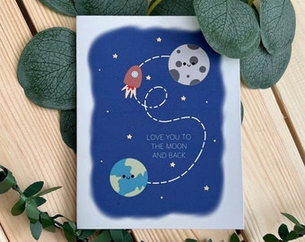 Moon And Back Card | Anniversary Card, Love Card, Love You to the Moon And Back, One In A Million, Out of This World, Planet Card, Space