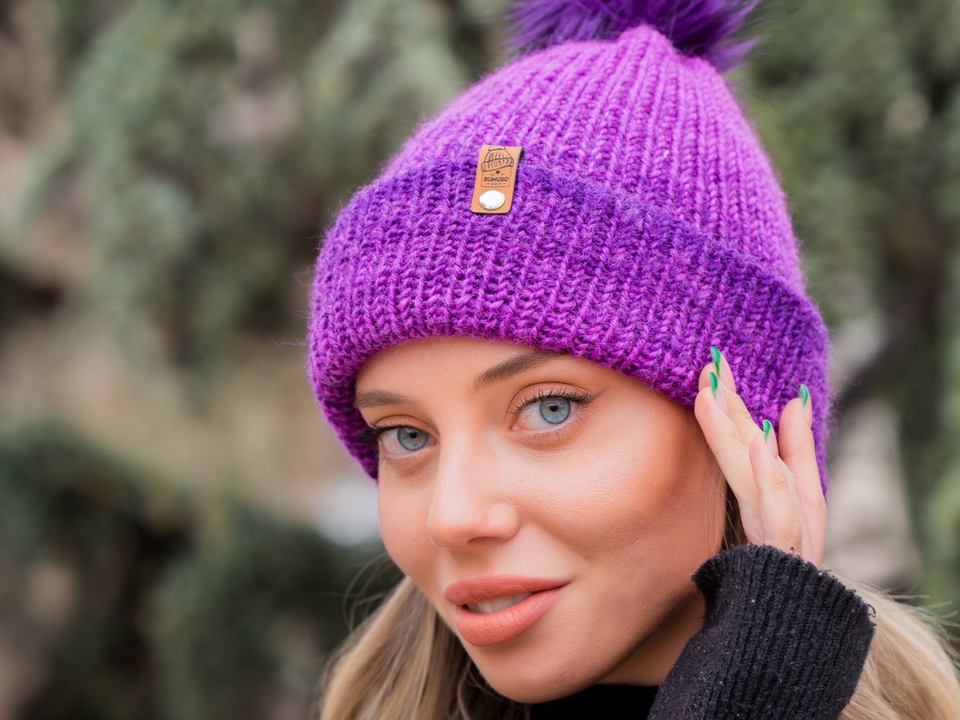 Purple Color and Soft Wool Winter Hat With Cute Pompom Woolly Hat