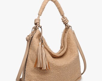 Sherpa Handbag with Crossbody Strap-Jen & Co Teddy Sherpa Shoulder Bag with Tassel-Various Colors