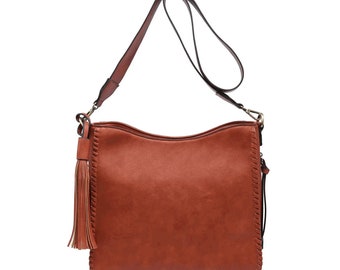 Jen Co Amber Hobo Leather Shoulder Bag w/Decorative Whipstitch-Crossbody Bag-Various Colors