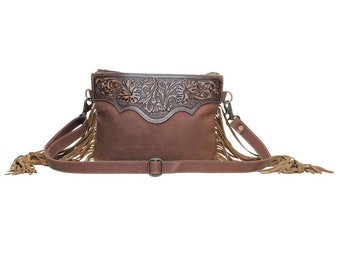 Myra Mocha Dasgh Hand-Tooled Leather Crossbody Bag-Fringed Shoulder Bag