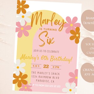 Retro Hippie Flower Daisy Birthday Invitation, Digital Instant Download, Groovy Baby, ANY AGE, Editable, Girl Young and Wild Minimalist