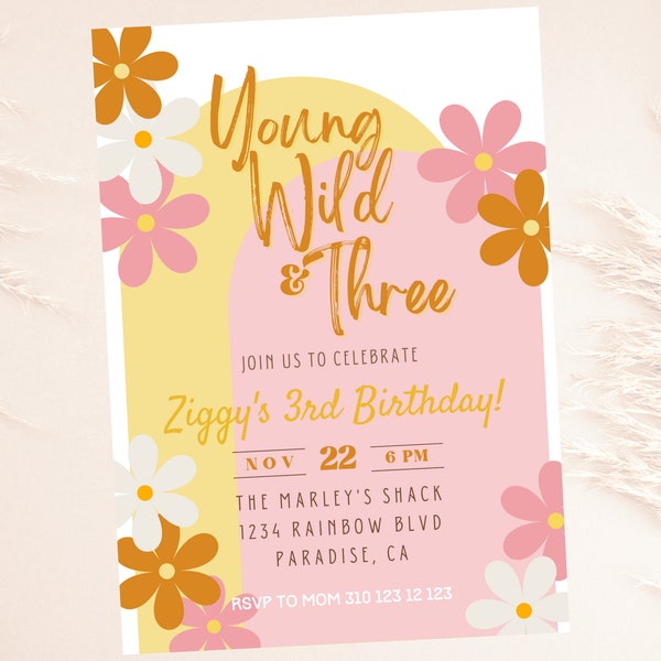 Young, Wild and Three Birthday Party Invitation| Groovy Baby| Hippie Daisy | YOU EDIT| Instant Download| Send as Text or Print| 80's, Modern