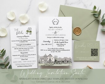 Editable Vintage Sage Green Wedding Invitation Suite, Canva Template, QR Code RSVP, Digital Download