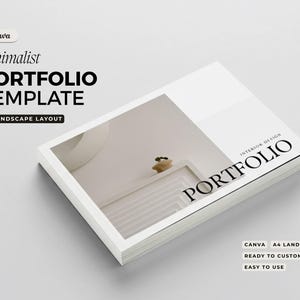 Puede incluir: Una pila de plantillas de portafolio blancas con el texto "Minimalist PORTFOLIO TEMPLATE" y "A4 LANDSCAPE LAYOUT". La cartera tiene la palabra "PORTFOLIO" en letras negras grandes. La imagen también incluye las palabras "CANVA", "READY TO CUSTOMIZE" y "EASY TO USE".