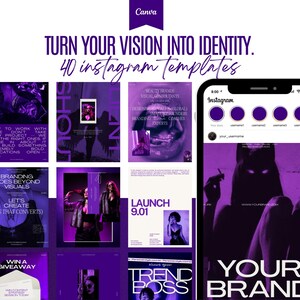 Puede incluir: Imagen promocional en morado y blanco que muestra plantillas de Instagram. El texto dice: "Convierte tu visión en identidad. 40 plantillas de Instagram". Un smartphone muestra un perfil de Instagram. Otros gráficos incluyen texto e imágenes.