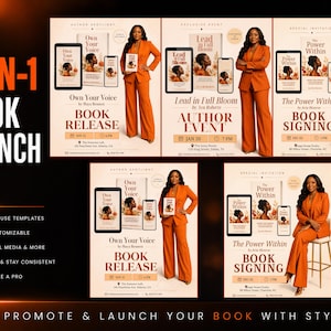 May include: A 5-in-1 book launch kit featuring five distinct promotional templates for book releases, author events, and signings. Each template displays a person in an orange suit, book titles like Own Your Voice, Lead in Full Bloom, and The Power Within, along with digital device mockups and event details.