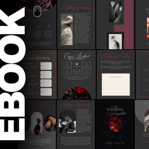 Puede incluir: Una plantilla de libro electrónico con un fondo gris oscuro y texto blanco. La portada presenta la palabra "EBOOK" en letras blancas grandes. La plantilla incluye páginas con texto, imágenes y elementos de diseño en tonos de gris, negro y rojo.