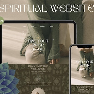 Puede incluir: Una plantilla de sitio web digital mostrada en una tableta y un teléfono inteligente con el texto SPIRITUAL WEBSITE, FIND YOUR INNER MAGIC y DISCOVER THE GUIDANCE. El diseño incluye una paleta de colores verde oscuro y una flor azul.