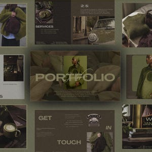 Puede incluir: Una plantilla de portafolio digital que presenta una colección de imágenes en verde oliva y marrón oscuro, incluyendo fotografía de moda, tomas de estilo de vida y tipografía. El diseño muestra varias secciones como servicios, estadísticas y contacto.