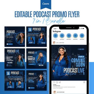 Puede incluir: Gráfico promocional para un podcast, con un paquete de folletos editables. El diseño es predominantemente azul y blanco, con imágenes de mujeres y el texto "PODCAST LIVE". Los folletos están diseñados para Instagram.