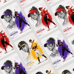 Puede incluir: Una colección de tarjetas deportivas con jugadores de béisbol y sóftbol. Cada tarjeta muestra un retrato y una foto de acción de cuerpo completo de un atleta con su nombre, Jordyn Anderson o Jordan Brandon, y el año 2026 impreso.