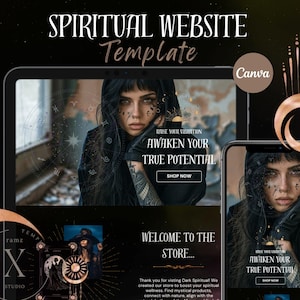 Può includere: Un modello di sito web per un negozio spirituale con un'estetica oscura. Il modello presenta una donna con trucco scuro e un abito nero, uno sfondo celeste e il testo "Risveglia il tuo vero potenziale".