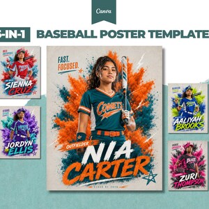 Puede incluir: Una plantilla de póster de béisbol 5 en 1 que presenta cinco diseños distintos con atletas en varios uniformes de equipo, salpicaduras de colores vibrantes y tipografía audaz que incluye nombres como Nia Carter, Sienna Cruz, Jordyn Ellis, Aaliyah Brooks y Zuri Thompson.