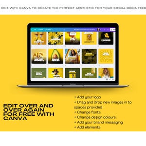 K&ouml;nnte beinhalten: Ein Laptop zeigt die Canva-Oberfl&auml;che mit Vorlagen f&uuml;r Social-Media-Posts. Der Bildschirm zeigt ein Raster von Bildern mit Text&uuml;berlagerungen. Der Text auf dem Bildschirm lautet unter anderem "Unsere Dienstleistungen", "Einzigartige Designs" und "&Uuml;ber uns". Der Laptop befindet sich auf einem gelben Hintergrund.