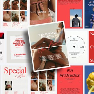 Puede incluir: Un collage de materiales promocionales con una combinación de colores rojo y blanco. Los materiales incluyen carteles y folletos con textos como "Brand Analysis", "Art Direction" y "Special Offer". También se incluyen imágenes de personas y objetos.