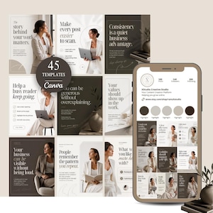 Puede incluir: Una colección de 45 plantillas de Canva para redes sociales con una paleta de colores neutros en beige, crema y marrón oscuro. Los diseños incluyen composiciones tipográficas, imágenes profesionales y una maqueta de smartphone con perfil.