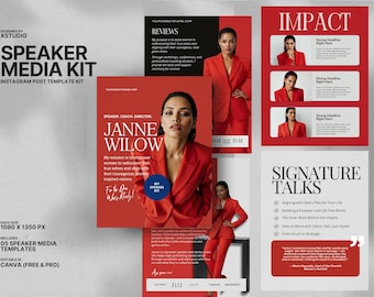 Może przedstawiać: Czerwony i biały zestaw szablonów postów na Instagramie Speaker Media Kit. Zestaw zawiera 5 szablonów, edytowalnych w Canva. Projekt przedstawia kobietę w czerwonym garniturze z tekstem "Speaker, Coach, Director, Janne Wilow."