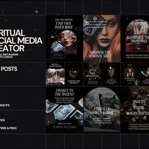 Puede incluir: Una colección digital de 30 plantillas espirituales para redes sociales en Canva, con fondos oscuros, imágenes místicas, motivos celestiales y tipografía serif blanca. El conjunto incluye varios diseños para publicaciones de Instagram.
