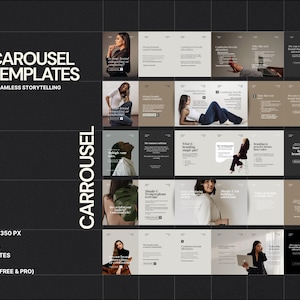 Puede incluir: Un diseño gráfico gris oscuro con una cuadrícula de imágenes y texto. El texto dice "CAROUSEL TEMPLATES" y "SEAMLESS STORYTELLING". El diseño incluye el número "05" y el texto "EACH SIZE: 5400 X 1350 PX".