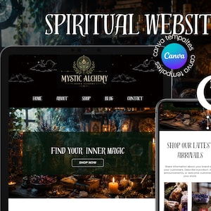 Puede incluir: Una plantilla de sitio web digital mostrada en una pantalla de portátil y teléfono inteligente. El diseño presenta un tema oscuro con el texto "SPIRITUAL WEBSITE", "MYSTIC ALCHEMY", "FIND YOUR INNER MAGIC", "SHOP NOW" y "SHOP OUR LATEST ARRIVALS".