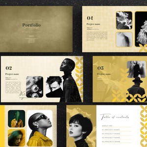 May include: A portfolio layout with a gold and cream color scheme. The design includes images of people, flowers, and abstract art. Text includes "Portfolio" and "Table of Contents".