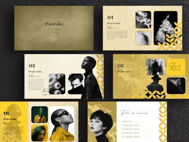 May include: A portfolio layout with a gold and cream color scheme. The design includes images of people, flowers, and abstract art. Text includes "Portfolio" and "Table of Contents".