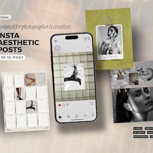 Puede incluir: Imagen promocional para publicaciones estéticas de Instagram. La imagen presenta un teléfono inteligente que muestra una publicación, junto con varias imágenes impresas y el texto "INSTA AESTHETIC POSTS" y "30 IG POST". Diseñado para fotógrafos y creativos.