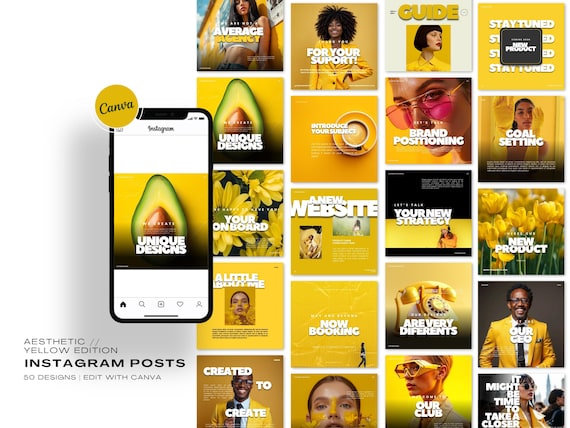 Bold Aesthetic Yellow Edition Instagram Posts, Editable Canva Template, Yellow Instagram Modern Aesthetic, Social Media Luxury Template