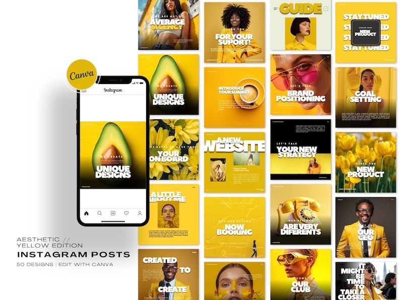 K&ouml;nnte beinhalten: &Auml;sthetische gelbe Instagram-Post-Vorlagen. Das Bild zeigt ein Telefon, das einen Beitrag mit einer Avocado-Grafik und dem Text "UNIQUE DESIGNS" anzeigt. Andere Beitr&auml;ge enthalten Texte wie "GUIDE", "NEW PRODUCT" und "NOW BOOKING".