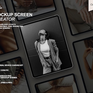 May include: A digital mockup screen creator advertisement. The image features multiple tablet screens with lifestyle photos. Text includes "Mockup Screen Creator," "Landscape-size layouts," and "Universal Device Canvas Kit." The Canva logo is visible.