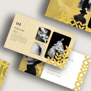 May include: A collection of design presentation materials in yellow and white. The layouts feature black and white photographs, floral patterns, and the text "Project name" and "Hand-crafted".
