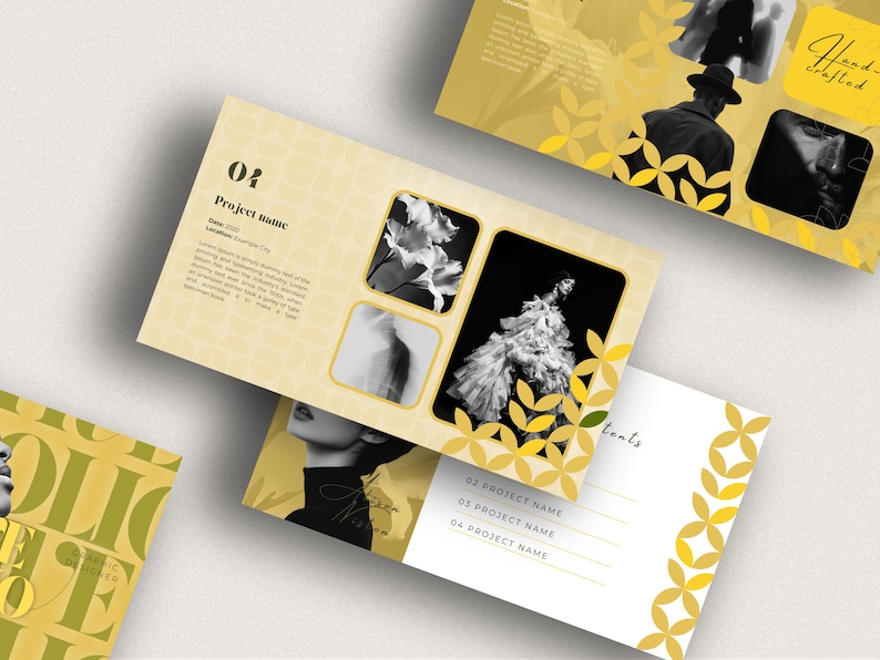 May include: A collection of design presentation materials in yellow and white. The layouts feature black and white photographs, floral patterns, and the text "Project name" and "Hand-crafted".