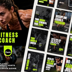 Puede incluir: Un conjunto de plantillas de publicaciones en redes sociales para entrenadores de fitness. La imagen presenta a una mujer haciendo ejercicio con pesas y varias publicaciones con texto motivacional en verde y blanco. El texto incluye "Fitness Coach" y "Editable in Canva".