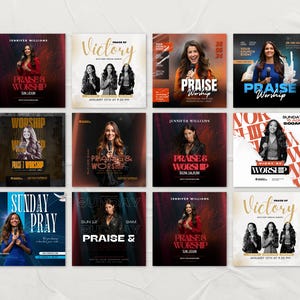 Puede incluir: Una colección de doce plantillas de folletos digitales cuadrados para eventos religiosos, con fotografías de una mujer sosteniendo un micrófono, varios estilos tipográficos y texto que incluye Praise & Worship, Victory, Sunday Pray y Night of Worship.