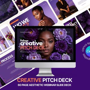 May include: A computer monitor displaying a creative pitch deck template with a purple color scheme. The screen features a portrait of a person surrounded by purple flowers and the text Foliage creative PITCH DECK. The background is purple.