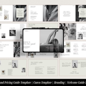 Puede incluir: Un conjunto de plantillas digitales para servicios de branding y belleza, que incluye una guía de precios de servicios, una guía de bienvenida y una plantilla de Canva. El diseño es en escala de grises con fuentes e imágenes elegantes.