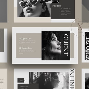 Puede incluir: Diapositivas de fotografía en blanco y negro con una mujer con gafas de sol y una mujer mirando hacia arriba. Las diapositivas forman parte de una presentación con el texto "PROJECT", "CLIENT", "WHO WE ARE" y "ONLINE".