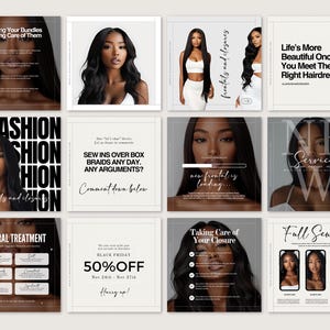 Puede incluir: Un collage de publicaciones de Instagram que promocionan servicios de cuidado del cabello. Las publicaciones presentan imágenes de mujeres con cabello largo y negro y texto sobre tejidos, frontales, cierres y tratamientos naturales para el cabello. Una publicación anuncia una venta de Black Friday con un 50% de descuento.