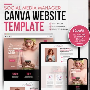 Puede incluir: Una plantilla de sitio web de Canva para administradores de redes sociales. La plantilla presenta un esquema de color rosa y negro con una mujer sosteniendo un teléfono. El texto en la plantilla dice "Let's grow your social media" y "Maximiza tu impacto social con la optimización".