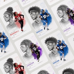 Puede incluir: Una colección de tarjetas deportivas con jugadores de fútbol americano en acción. Cada tarjeta muestra a un jugador con el uniforme del equipo con el número 17, junto con su nombre y el logotipo del equipo. Las tarjetas tienen un retrato del jugador.