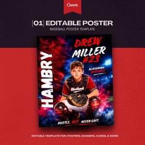 Puede incluir: Plantilla de póster de béisbol con un joven jugador de béisbol con equipo de receptor. El póster tiene un esquema de color rojo, blanco y azul con el texto "DREW MILLER #23" y "BLACKHAWK BASEBALL". El póster también incluye las palabras "HUSTLE. HIT. NEVER QUIT."