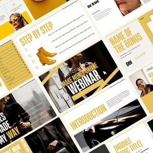 May include: A digital presentation template featuring a yellow and white color scheme with bold typography. Slides include headings like Step By Step, Name Of The Bonus, The Mistakes I've Made On My Way, Introduction, and Make Money Online Webinar.