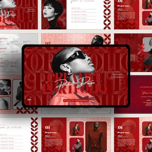 Puede incluir: Diseño digital de portafolio de diseño de producto en rojo y blanco. La imagen central muestra a una persona con gafas de sol. El texto incluye "Product Design" y "Graphic Designer". Páginas adicionales muestran información del proyecto.