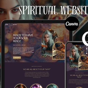 Könnte beinhalten: Eine digitale Vorlage für eine spirituelle Website, dargestellt auf einem Laptop und Smartphone. Das Design zeigt eine Frau, Tarotkarten und den Text "READY TO HAVE YOUR SOUL READ?" und "WE ARE ALL ABOUT YOUR 'WHY'". Das Canva-Logo ist sichtbar.