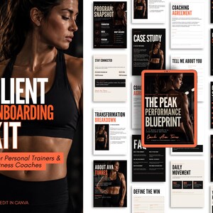 Puede incluir: Un kit digital de incorporación de clientes para entrenadores personales y coaches de fitness, que incluye una colección de plantillas de documentos con texto en negro, blanco y naranja. El kit contiene páginas tituladas Program Snapshot, Case Study y The Peak Performance Blueprint.