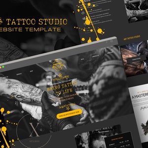 May include: Website template for a tattoo studio featuring a black and white image of a tattoo artist working on a client's arm. The text "Bring Tattoo to Life" is in gold lettering with a decorative border. The website also includes a section for booking appointments.