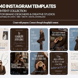 Puede incluir: Una colección de 40 plantillas de Instagram titulada Intent Collection para diseñadores de marca y estudios creativos. La descarga digital presenta varios diseños con texto, fotografía y elementos gráficos en tonos marrón, beige y azul.